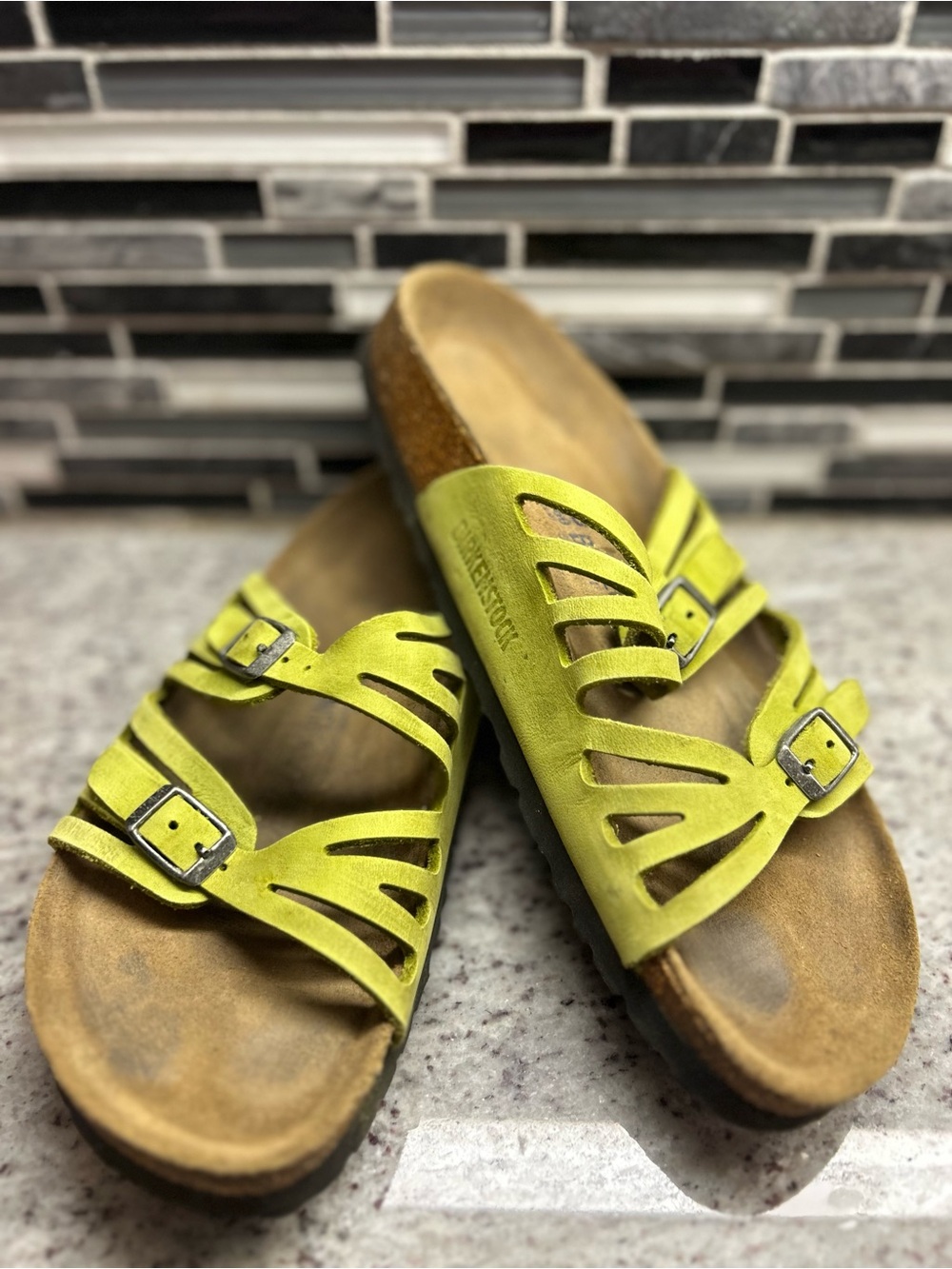 Birkenstock Granada  Lime Green leatherTwo-Strap Cutout Sandals size 9(40)